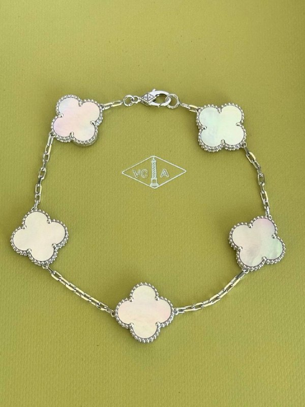 18k white gold Van cleef Alhambra style Pink Mother of Pearl 5 motifs clover shape stone bracelet