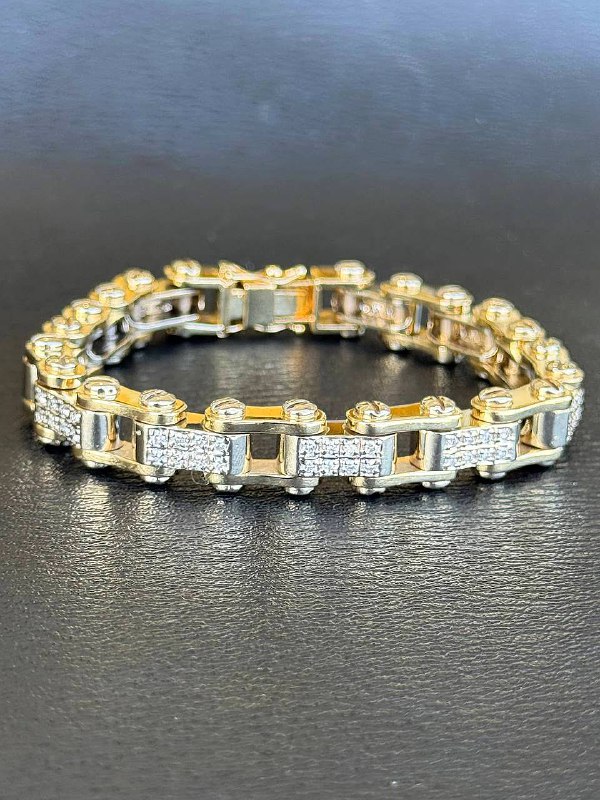 Jewelry Men's 14k solid yellow & white gold VS 6 CTW diamonds motorcycle chain bracelet 9" two tone 92 grams