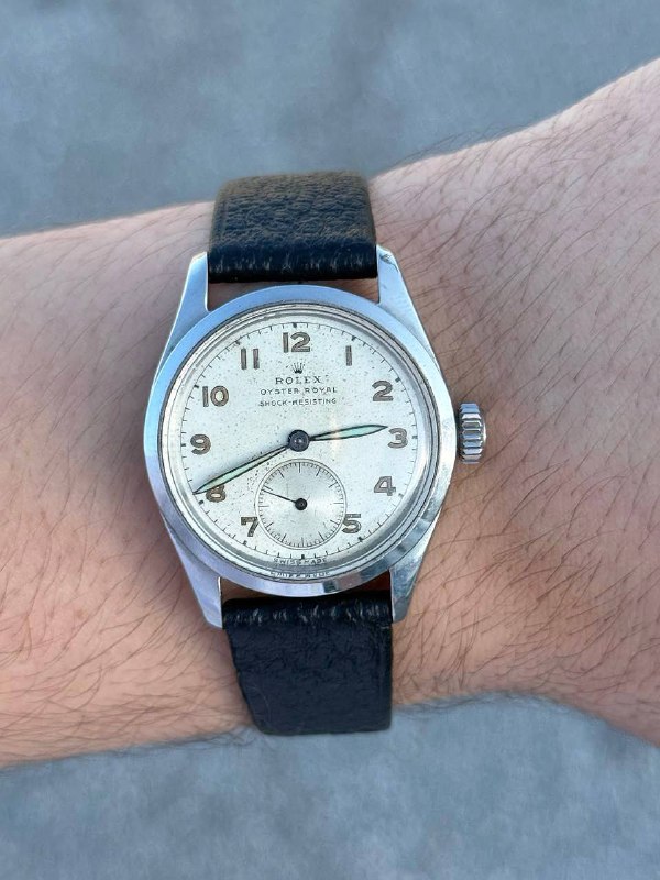 Vintage 1953 Rolex Oyster Royal 32mm 6244 Silver Roman Dial Luminous Hands Black leather band