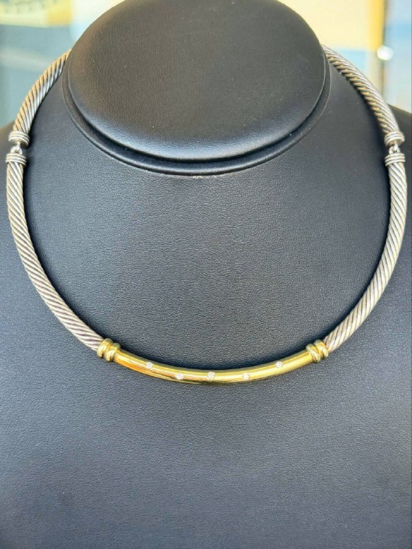 Jewelry David Yurman 14k yellow gold and 925 sterling silver Necklace Cable Metro Choker 0.17CTW Natural Diamonds 16” 5mm