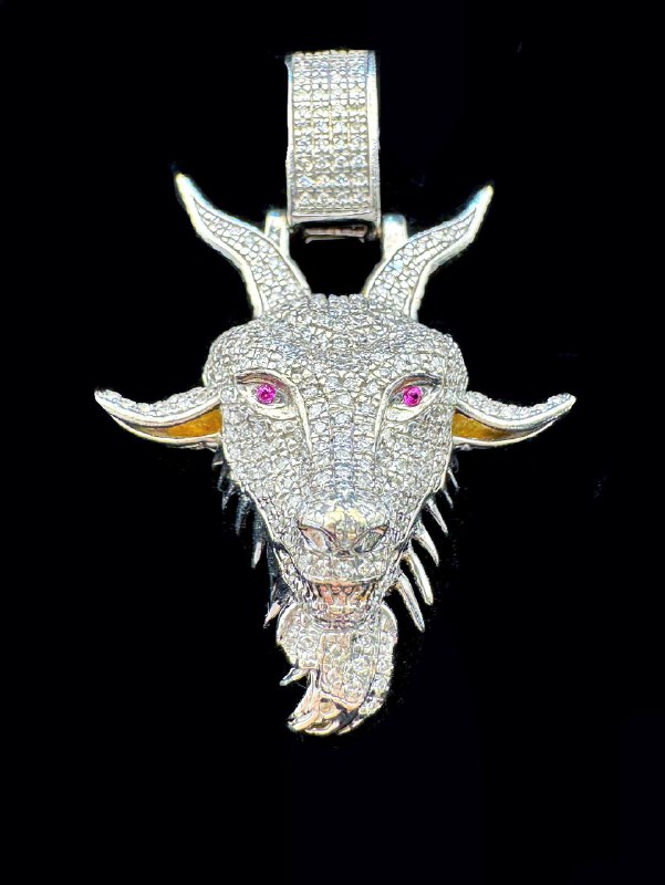 10k white gold bussdown iced out 3CTW natural diamond ruby Goat head pendant charm