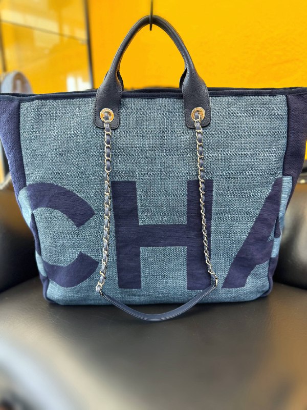 CHANEL Denim Deauville Logo Shopping Chain Tote Large Bag & Card