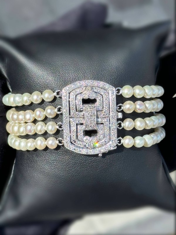 Art deco Vintage 14k white gold 2CTW Natural Diamond 4 strand freshwater Pearl bracelet