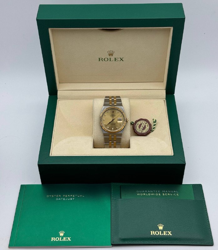 1989 Rolex Datejust OysterQuartz 17013 36mm stainless steel 18k yellow gold bracelet factory diamond dial fluted bezel watch box appraisal