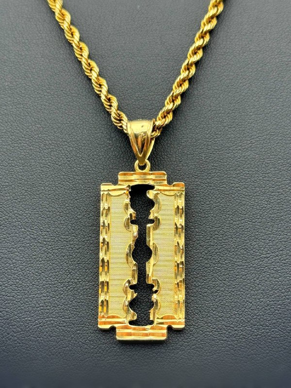 10k solid yellow gold Hip Hop Blade pendant charm & 21” 3.5mm rope chain necklace 12.5 grams