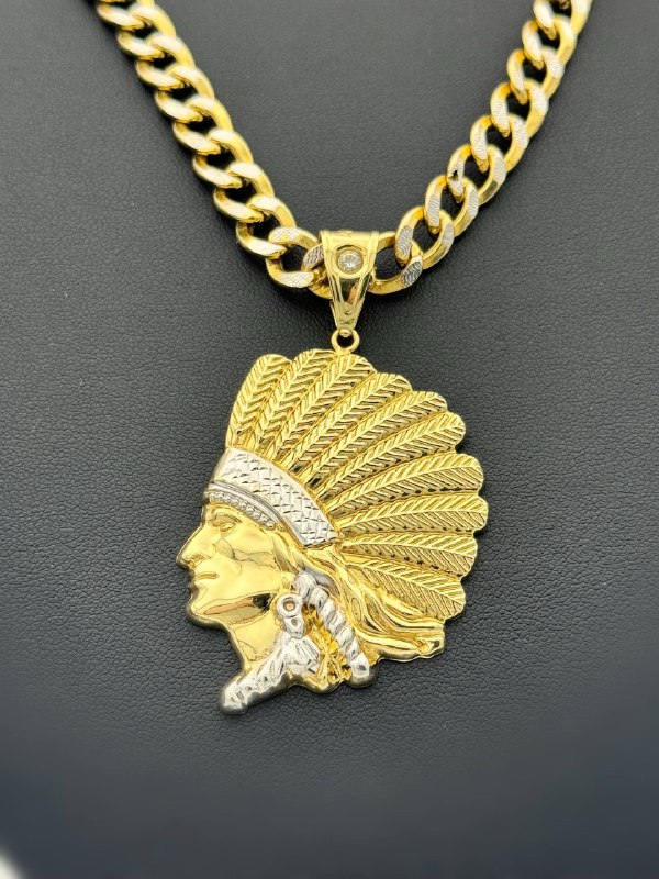 10k solid two tone gold Indian chief Apache head pendant & 22.5” curb chain 8mm Necklace