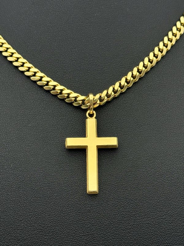 10k solid yellow gold Cuban chain necklace 23.5” 5mm & 14k solid gold cross pendant charm