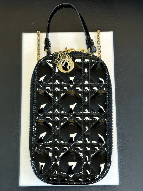 Lady Dior Call'in Dior Phone Holder Crossbody Black Patent Cannage Calfskin phone case mini bag full set
