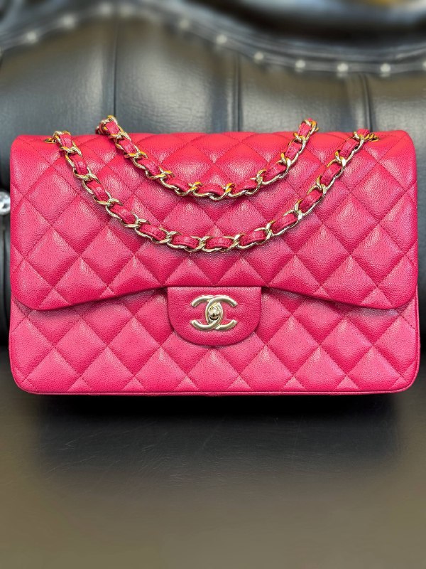 New Rare CHANEL Fuchsia Pink Large Classic Flap Bag Handbag Grained Calfskin Gold Hardware