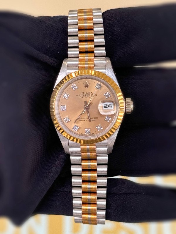1995 Rolex Lady-Datejust 26mm 69179 Presidential Tridor 18k solid yellow & white & rose gold Factory Champagne Diamond Dial Box & Appraisal Papers