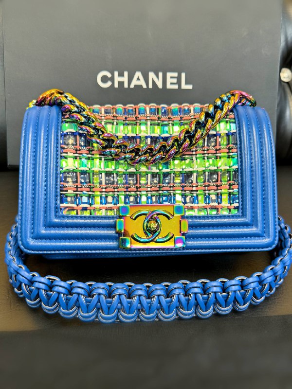 Chanel Old Small Boy Flap Bag Blue Rainbow Woven PVC with Lambskin Multicolor Gradient