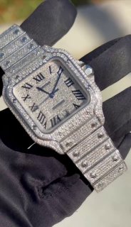 Cartier Santos Large 40mm Roman Pave Dial Bussdown iced out box and card WSSA0018