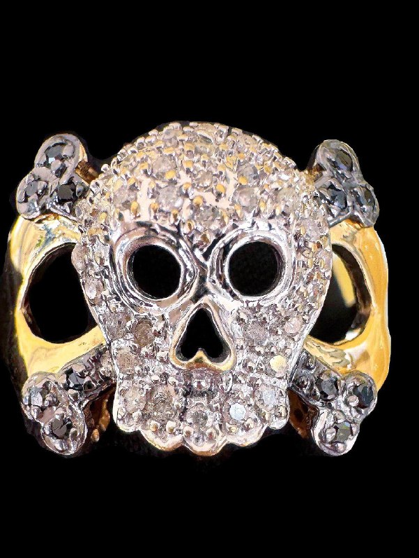 10k solid yellow gold 0.65CTW Natural Black & White Diamond fashion Scull ring sz7