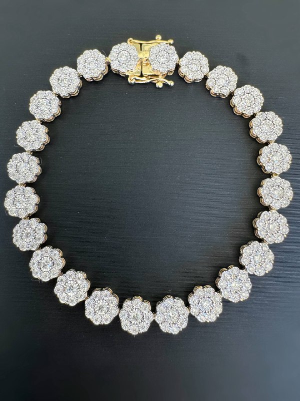 14k yellow gold 3CTW Natural Diamond Flower Cluster iced out Tennis bracelet 7” 7.15mm