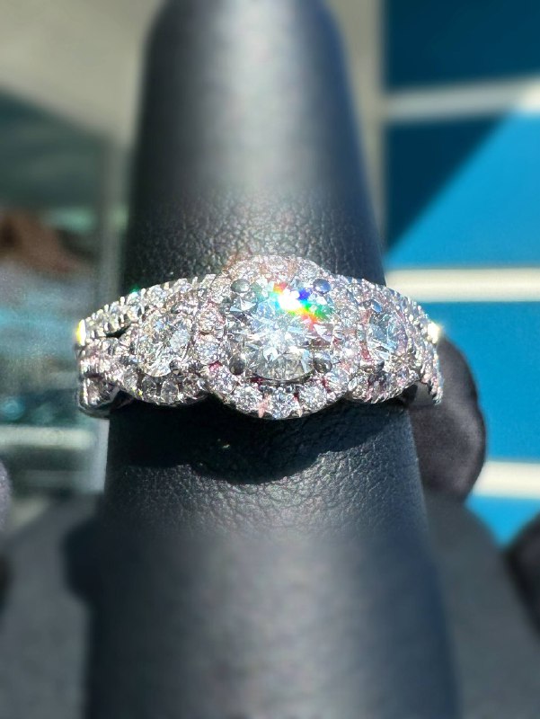 Kay Jewelers & Tolkowsky Round-Cut Natural Diamond Three-Stone Halo Engagement Ring & wedding band 2CTW 14K White Gold