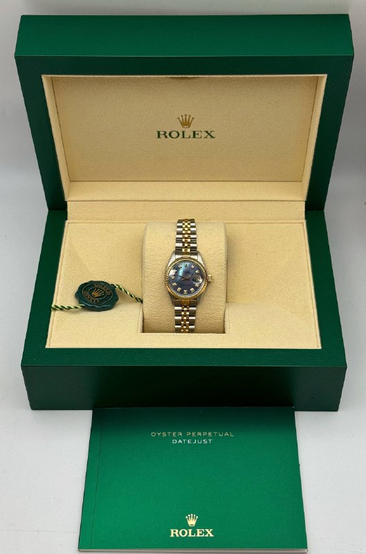 1980s Rolex Datejust 26mm 6917 Dark MOP Diamond Dial Ladies watch Gold Fluted Bezel stainless steel Jubilee Bracelet box tag appraisal