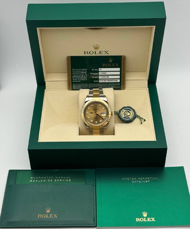 2010 Rolex Datejust 41mm 116333 Factory Champagne Diamond Dial Fluted Bezel Stainless Steel & Yellow Gold Oyster Bracelet box card tag full set