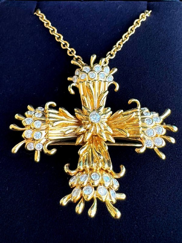 Tiffany & Co. 18k yellow gold 1.18ctw diamond Jean Schlumberger Maltese Cross Clip & 16” 3mm chain Necklace