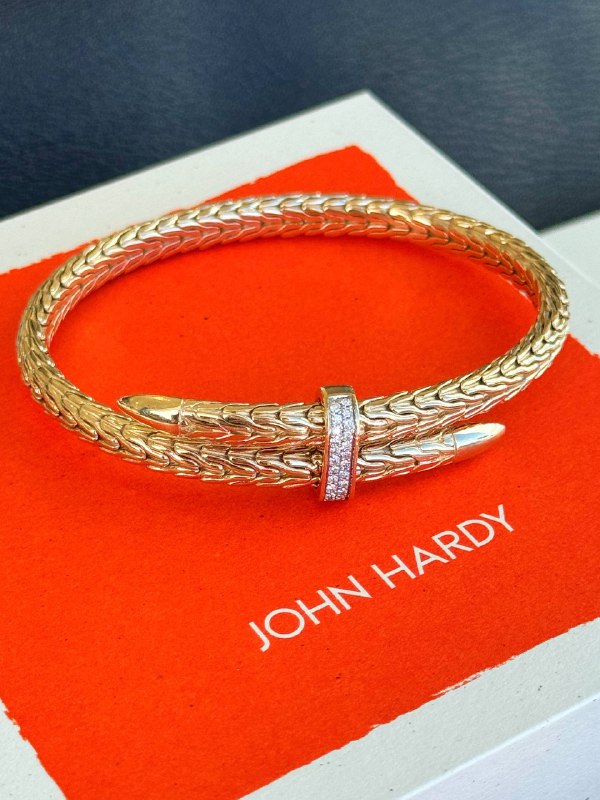 John Hardy Spear 14K Yellow Gold & 0.24CTW Diamond Pavé Flex Cuff Bracelet XL 5.5mm MSRP $8900
