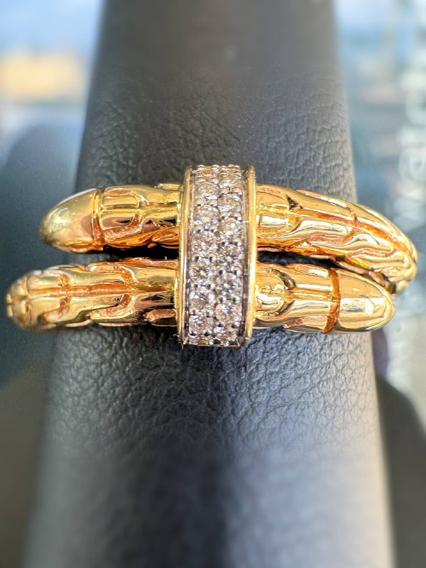 John Hardy Chain Classic Spear Single Coil 14K Yellow Gold & 0.08 CTW Natural Diamond Pave Flex Ring sz 8.25