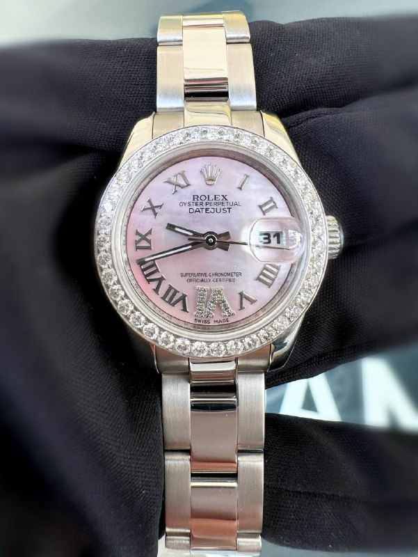 Rolex Datejust 26mm 179160 Pink MOP Roman Diamond "6" Dial Natural Diamond Bezel Box Tag Appraisal Papers
