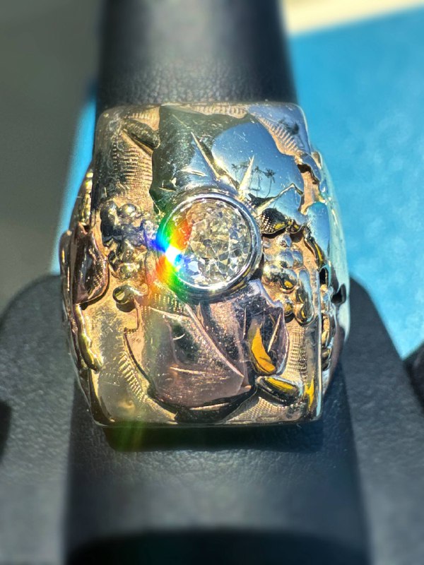 12k two tone yellow & rose gold Natural Diamond Dionysus Grape Leaf winemaker's ring sz10