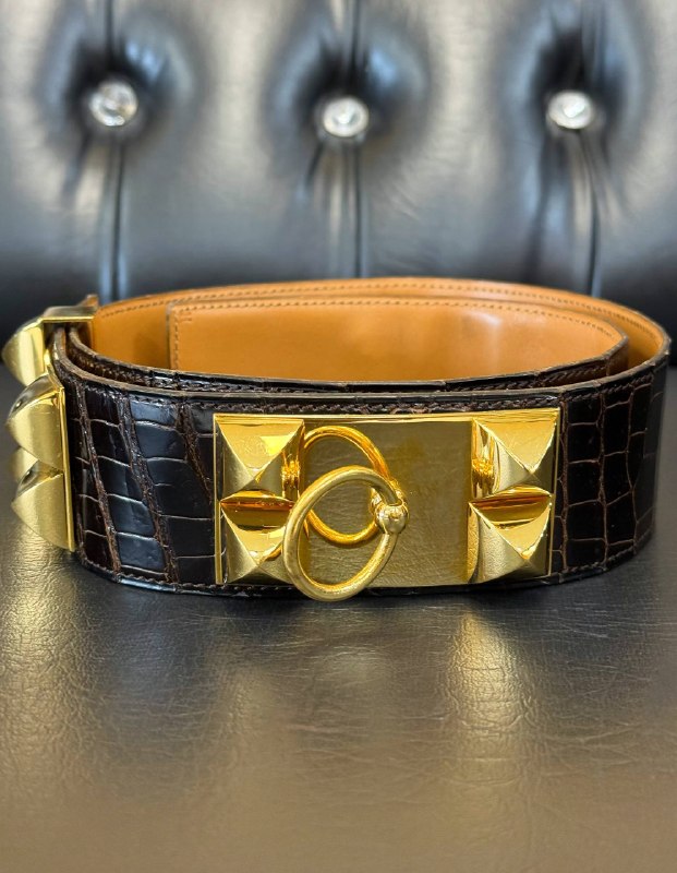 Vintage Hermès Medor Ebene brown CROC collier de chien crocodile belt