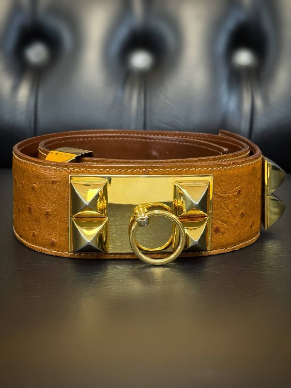 Vintage Hermès Medor Ostrich Collier De Chien Cognac Brown Belt