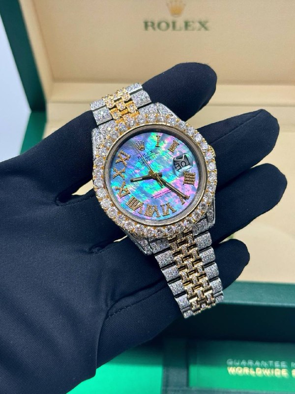 Rolex Datejust 41 41mm Iced Out Bussdown Diamond Mop Roman Dial Blue 18k yellow gold stainless 126333 box VVS