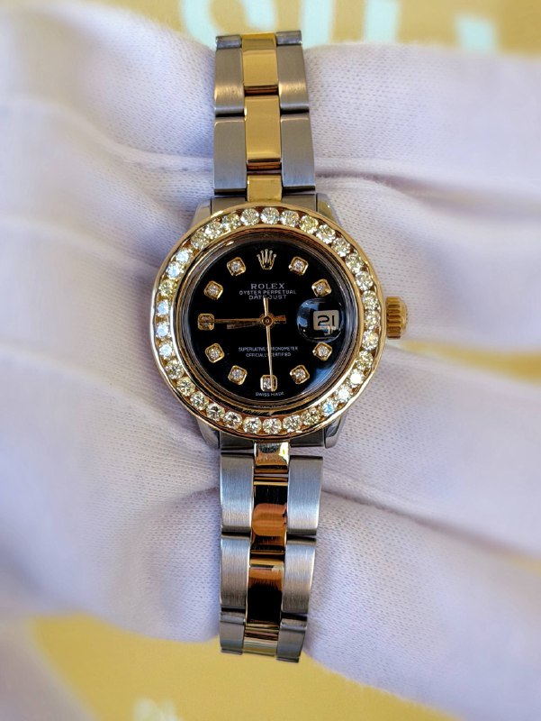 Rolex Lady-Datejust 26mm 6917 Black Diamond Dial & Diamond Bezel Two Tone 18k yellow gold & stainless steel Box Papers Serial Tag