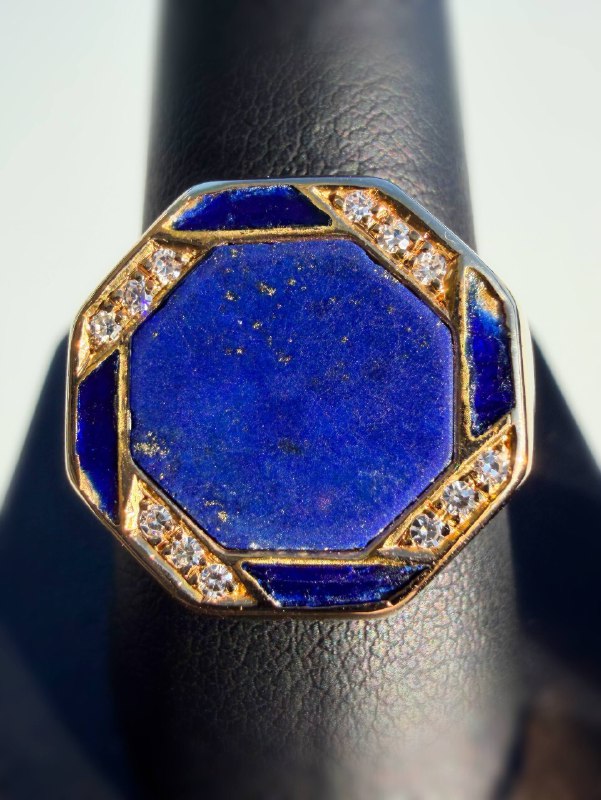 14k solid yellow gold Blue Lapis Lazuli stone 0.15CTW Natural Diamond Enameled ring sz11