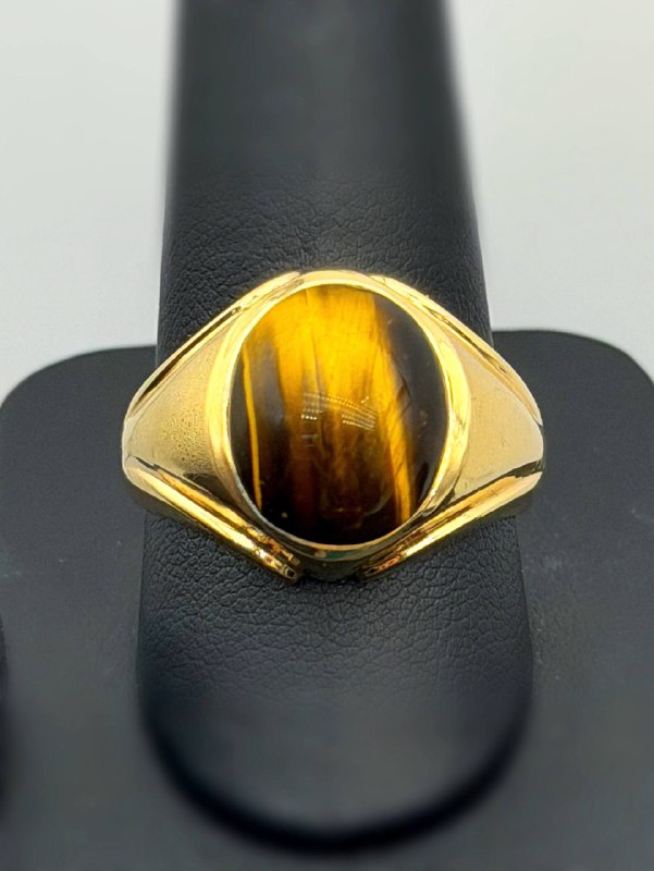 14k solid yellow gold 4Ct oval Tiger Eye stone ring sz11