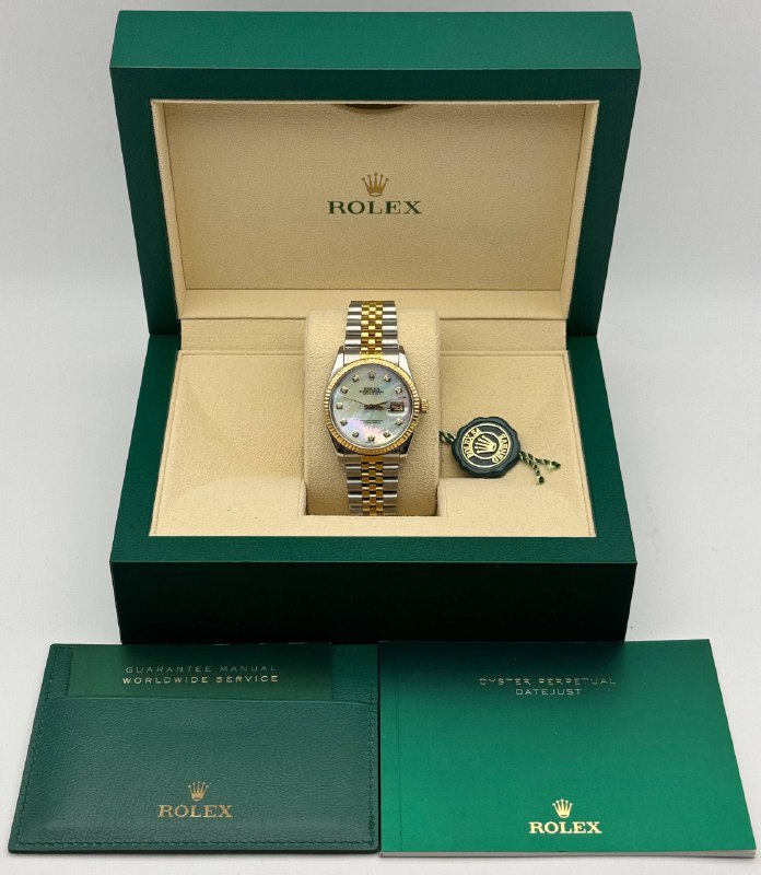 1980s Rolex Datejust 16013 36mm stainless steel jubilee bracelet natural diamond MOP dial gold fluted bezel watch box tag appraisal