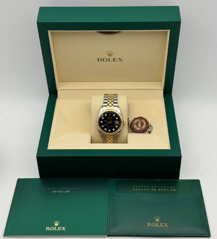 1990s Rolex Datejust 1601 36mm yellow gold stainless steel two tone jubilee bracelet natural diamond black dial yellow gold fluted bezel watch box tag appraisal