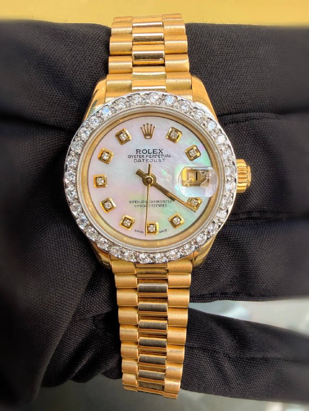 Rolex President Datejust 26 26mm 18k Yellow Gold custom Diamond MOP Dial & Natural Diamond bezel Ladies Watch 69178