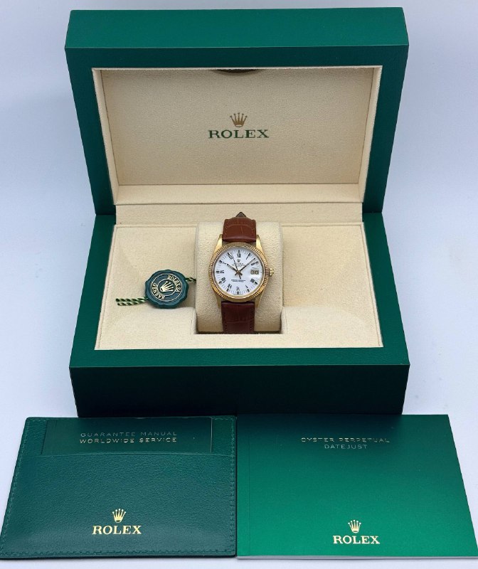 1981 Rolex Oyster Perpetual Date 15037 14k yellow gold 34mm light brown leather band factory skinny white Roman dial yellow gold fluted bezel watch box appraisal