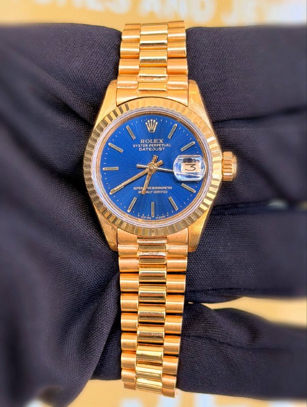 Rolex President Datejust 26 26mm 18k Yellow Gold Factory Blue stick dial Ladies Watch 6917