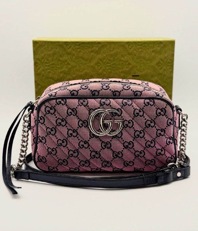 Gucci GG Marmont Quilted Pink Fabric GG Canvas Small Shoulder Bag & Box