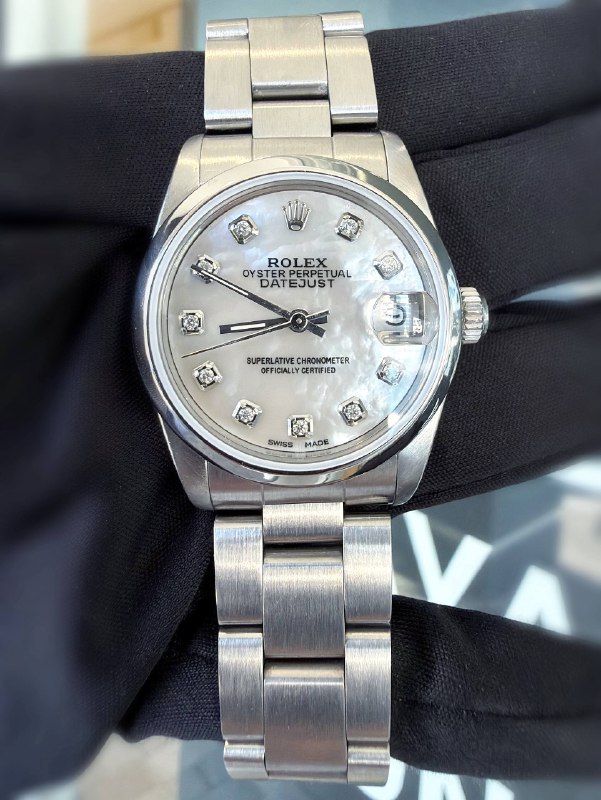 Rolex Datejust 31 31mm Midsize Stainless Steel custom MOP Diamond dial Ladies Watch 68240 smooth bezel oyster bracelet