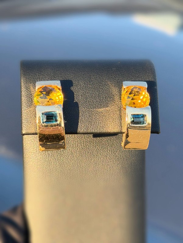 14k solid yellow gold clip-on Natural Oval 7CTW Citrine & 1.1CTW Blue Topaz Emerald cut stone Earrings