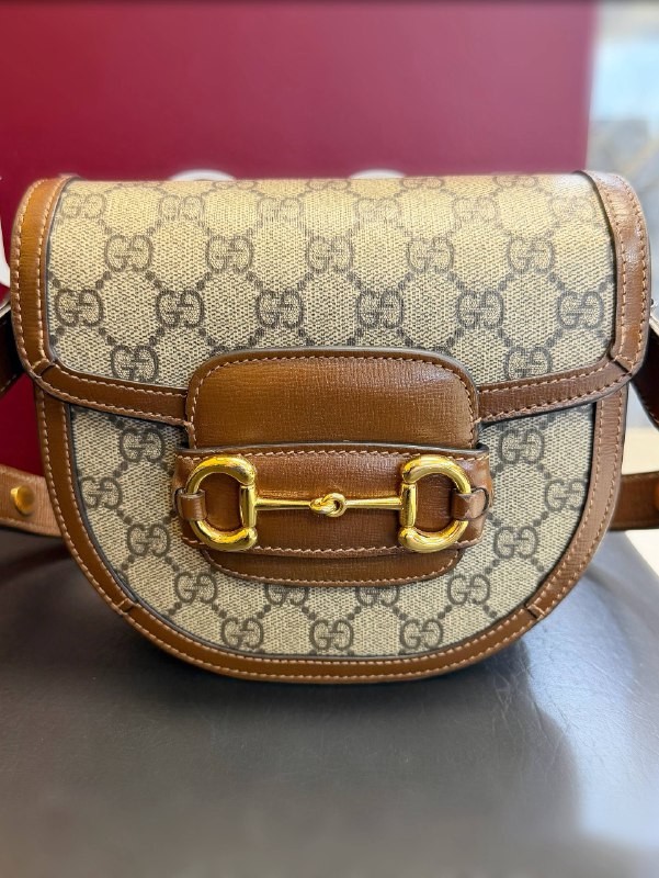Gucci GG Supreme Monogram Mini Horsebit 1955 Rounded Shoulder Unisex Bag Beige Brown