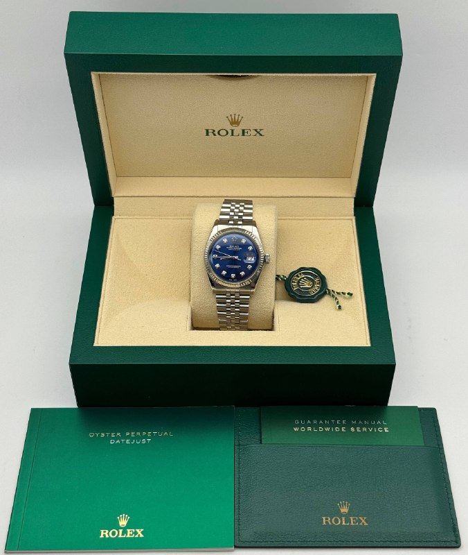 Rolex Datejust 1601 36mm stainless steel jubilee bracelet natural diamond blue dial white gold fluted bezel watch box appraisal