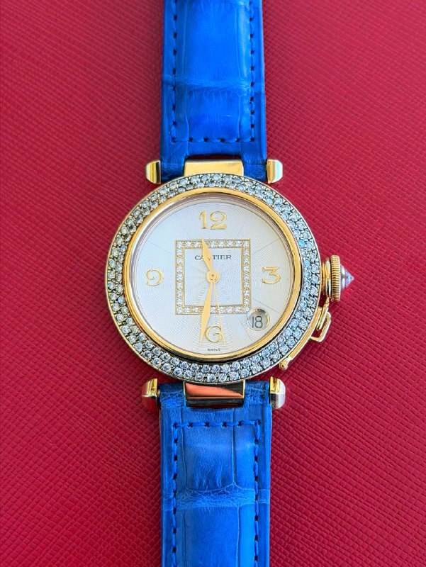 Pasha de Cartier 18k yellow gold Automatic 35mm Blue & Red Leather Band 1035 Diamond Bezel White Roman Dial Watch Box Appraisal