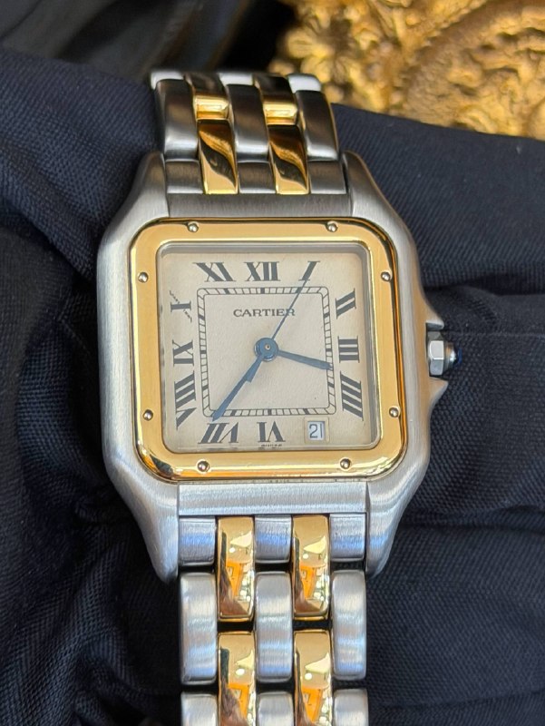 Cartier Panthere 2-Line 183949 27x36mm 18k Yellow Gold and Stainless Steel Bracelet Hidden Clasp White Roman Dial 18k Yellow Gold Bezel Watch Box Appraisal