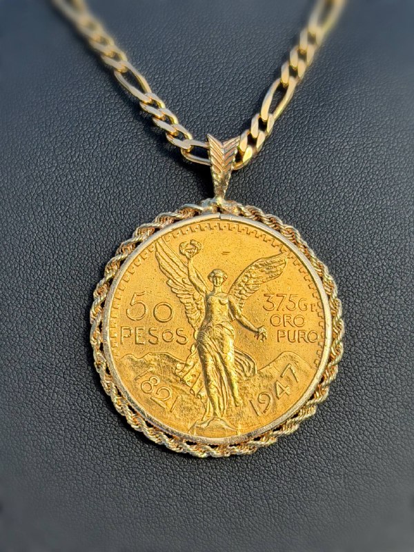 1947 Mexico 50 Peso gold Coin bullion in 14k rope bezel pendant & 14k solid yellow gold Figaro chain 28” 4mm necklace