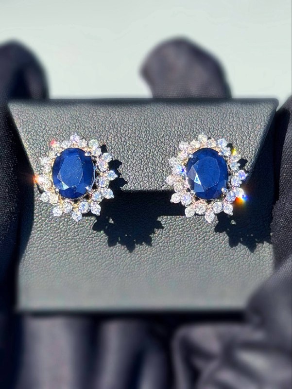 14k solid white gold 1.5CTW Natural Diamond 3CTW Sapphire stone Princess Diana flower stud earrings