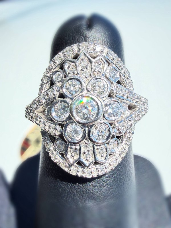 14k solid white gold Art Deco style 1.2CTW Natural Diamond flower cocktail ring sz5.5