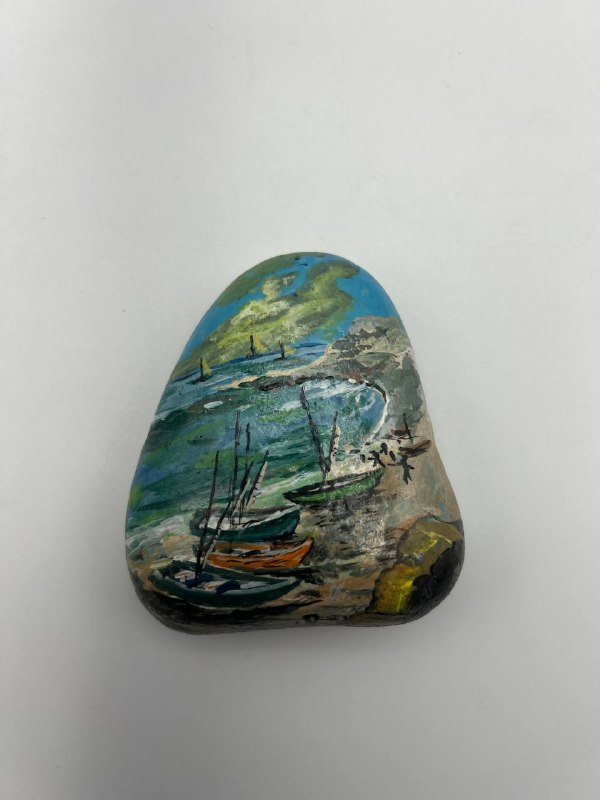 Seascape with dune, sea grass and boats, painted on a slate stone