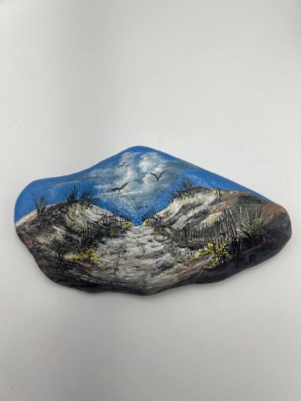 Seascape with dune, sea grass and small birds, painted on a slate stone