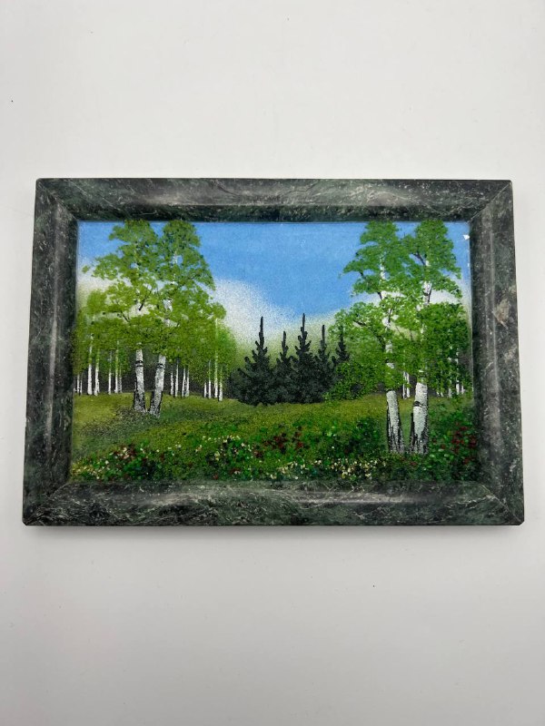 Vintage Russian Spring Scene Mineral Stone Painting in Marble Frame